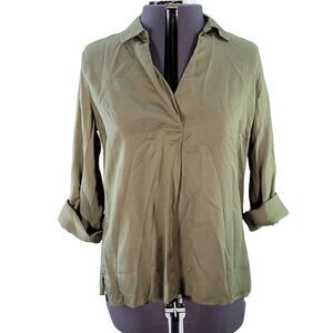 NWOT Talbots Olive Green Collared V-Neck Blouse Sz MP